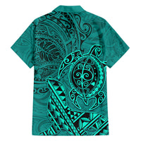 Hawaii Monk Seal and Dolphin Family Matching Off The Shoulder Long Sleeve Dress and Hawaiian Shirt Polynesian Kakau Pattern Turquoise LT03 - Polynesian Pride