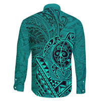 Hawaii Monk Seal and Dolphin Family Matching Off The Shoulder Long Sleeve Dress and Hawaiian Shirt Polynesian Kakau Pattern Turquoise LT03 - Polynesian Pride