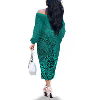 Hawaii Monk Seal and Dolphin Family Matching Off The Shoulder Long Sleeve Dress and Hawaiian Shirt Polynesian Kakau Pattern Turquoise LT03 - Polynesian Pride