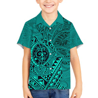 Hawaii Monk Seal and Dolphin Family Matching Off The Shoulder Long Sleeve Dress and Hawaiian Shirt Polynesian Kakau Pattern Turquoise LT03 Son's Shirt Turquoise - Polynesian Pride