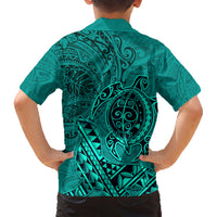 Hawaii Monk Seal and Dolphin Family Matching Short Sleeve Bodycon Dress and Hawaiian Shirt Polynesian Kakau Pattern Turquoise LT03 - Polynesian Pride