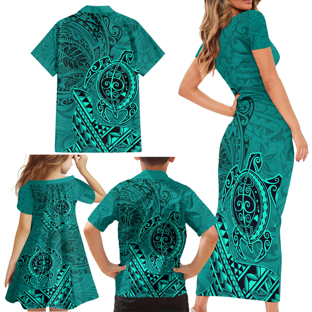 Hawaii Monk Seal and Dolphin Family Matching Short Sleeve Bodycon Dress and Hawaiian Shirt Polynesian Kakau Pattern Turquoise LT03 - Polynesian Pride