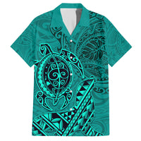 Hawaii Monk Seal and Dolphin Family Matching Short Sleeve Bodycon Dress and Hawaiian Shirt Polynesian Kakau Pattern Turquoise LT03 Dad's Shirt - Short Sleeve Turquoise - Polynesian Pride