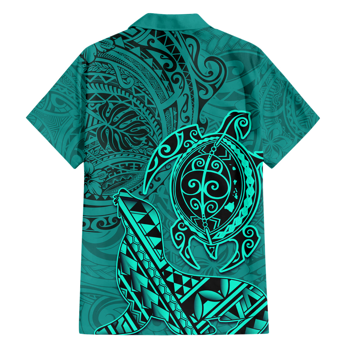 Hawaii Monk Seal and Dolphin Family Matching Short Sleeve Bodycon Dress and Hawaiian Shirt Polynesian Kakau Pattern Turquoise LT03 - Polynesian Pride