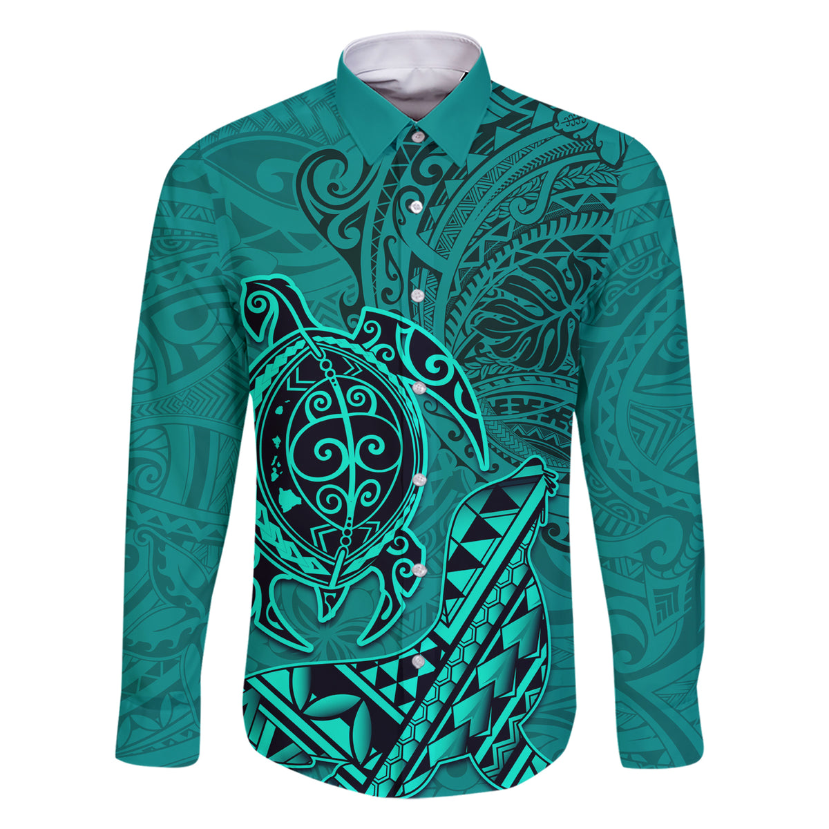 Hawaii Monk Seal and Dolphin Family Matching Short Sleeve Bodycon Dress and Hawaiian Shirt Polynesian Kakau Pattern Turquoise LT03 Dad's Shirt - Long Sleeve Turquoise - Polynesian Pride