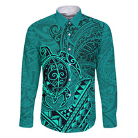 Hawaii Monk Seal and Dolphin Family Matching Short Sleeve Bodycon Dress and Hawaiian Shirt Polynesian Kakau Pattern Turquoise LT03 Dad's Shirt - Long Sleeve Turquoise - Polynesian Pride