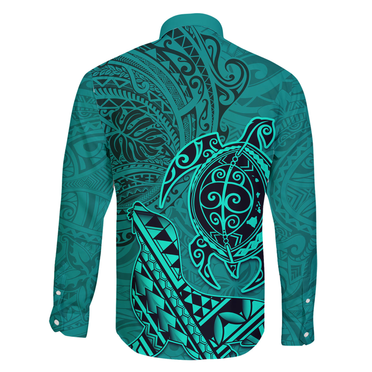 Hawaii Monk Seal and Dolphin Family Matching Short Sleeve Bodycon Dress and Hawaiian Shirt Polynesian Kakau Pattern Turquoise LT03 - Polynesian Pride