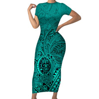 Hawaii Monk Seal and Dolphin Family Matching Short Sleeve Bodycon Dress and Hawaiian Shirt Polynesian Kakau Pattern Turquoise LT03 Mom's Dress Turquoise - Polynesian Pride
