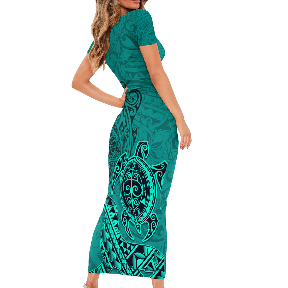 Hawaii Monk Seal and Dolphin Family Matching Short Sleeve Bodycon Dress and Hawaiian Shirt Polynesian Kakau Pattern Turquoise LT03 - Polynesian Pride