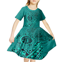 Hawaii Monk Seal and Dolphin Kid Short Sleeve Dress Polynesian Kakau Pattern Turquoise