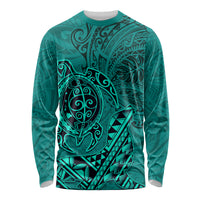 Hawaii Monk Seal and Dolphin Long Sleeve Shirt Polynesian Kakau Pattern Turquoise