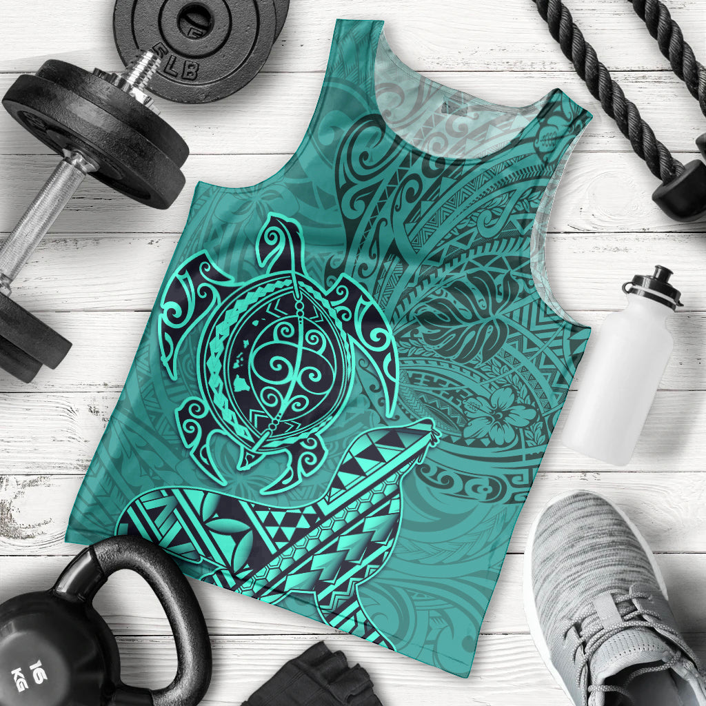 Hawaii Monk Seal and Dolphin Men Tank Top Polynesian Kakau Pattern Turquoise