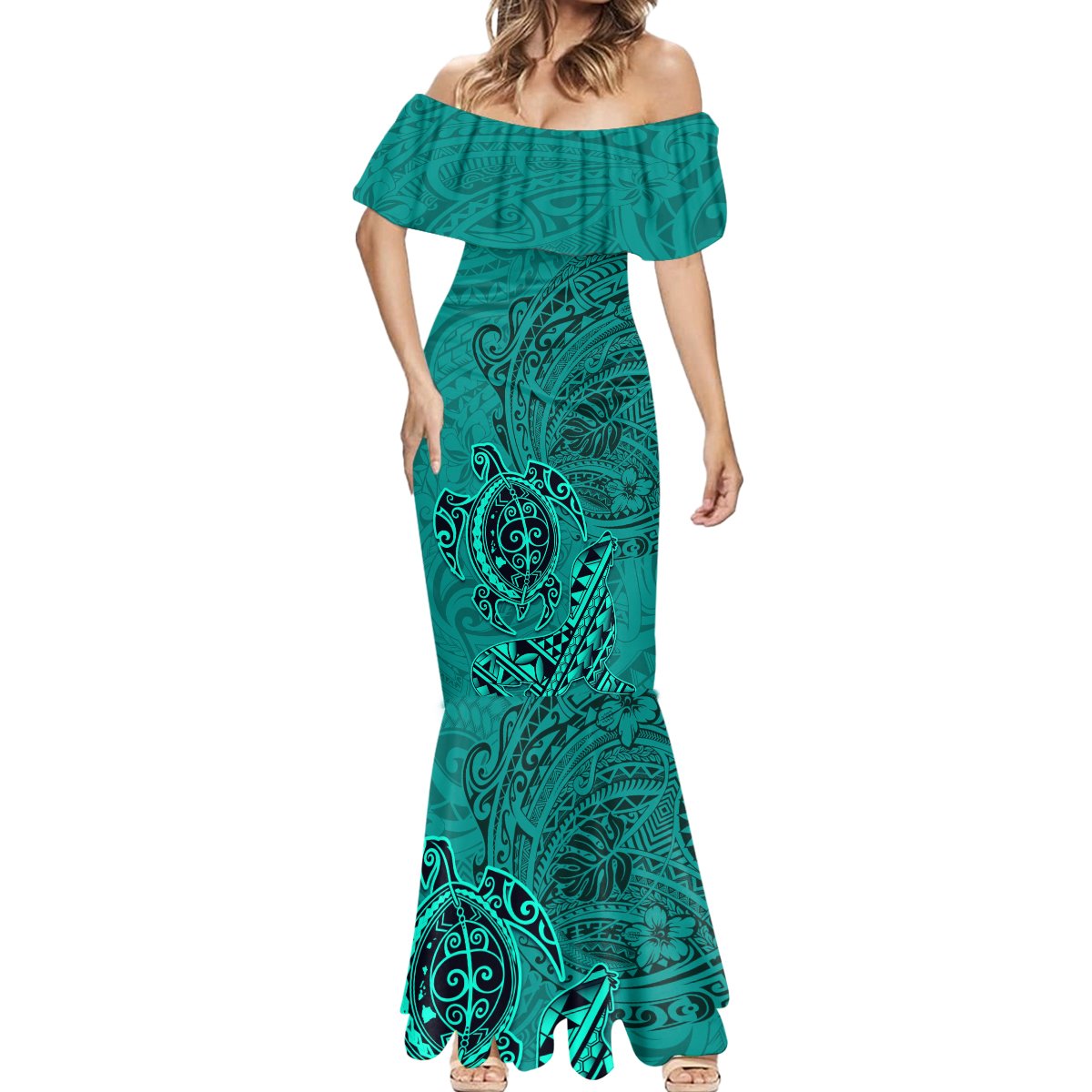 Hawaii Monk Seal and Dolphin Mermaid Dress Polynesian Kakau Pattern Turquoise