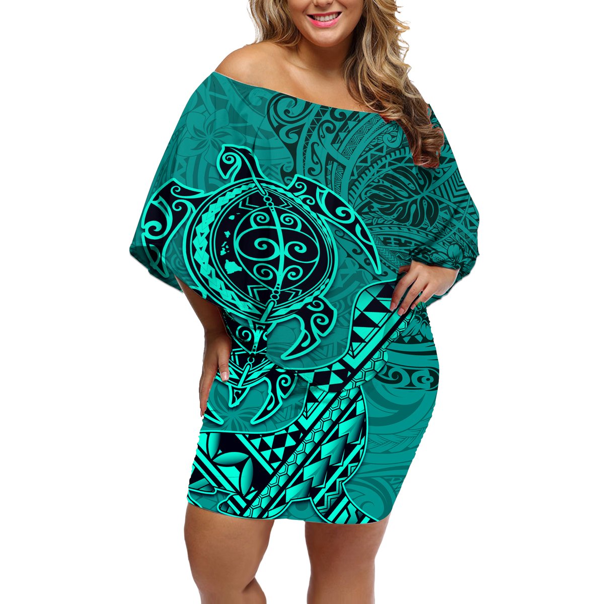 Hawaii Monk Seal and Dolphin Off Shoulder Short Dress Polynesian Kakau Pattern Turquoise