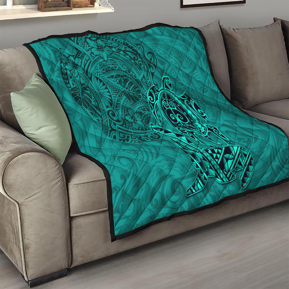 Hawaii Monk Seal and Dolphin Quilt Polynesian Kakau Pattern Turquoise