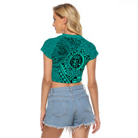 Hawaii Monk Seal and Dolphin Raglan Cropped T Shirt Polynesian Kakau Pattern Turquoise