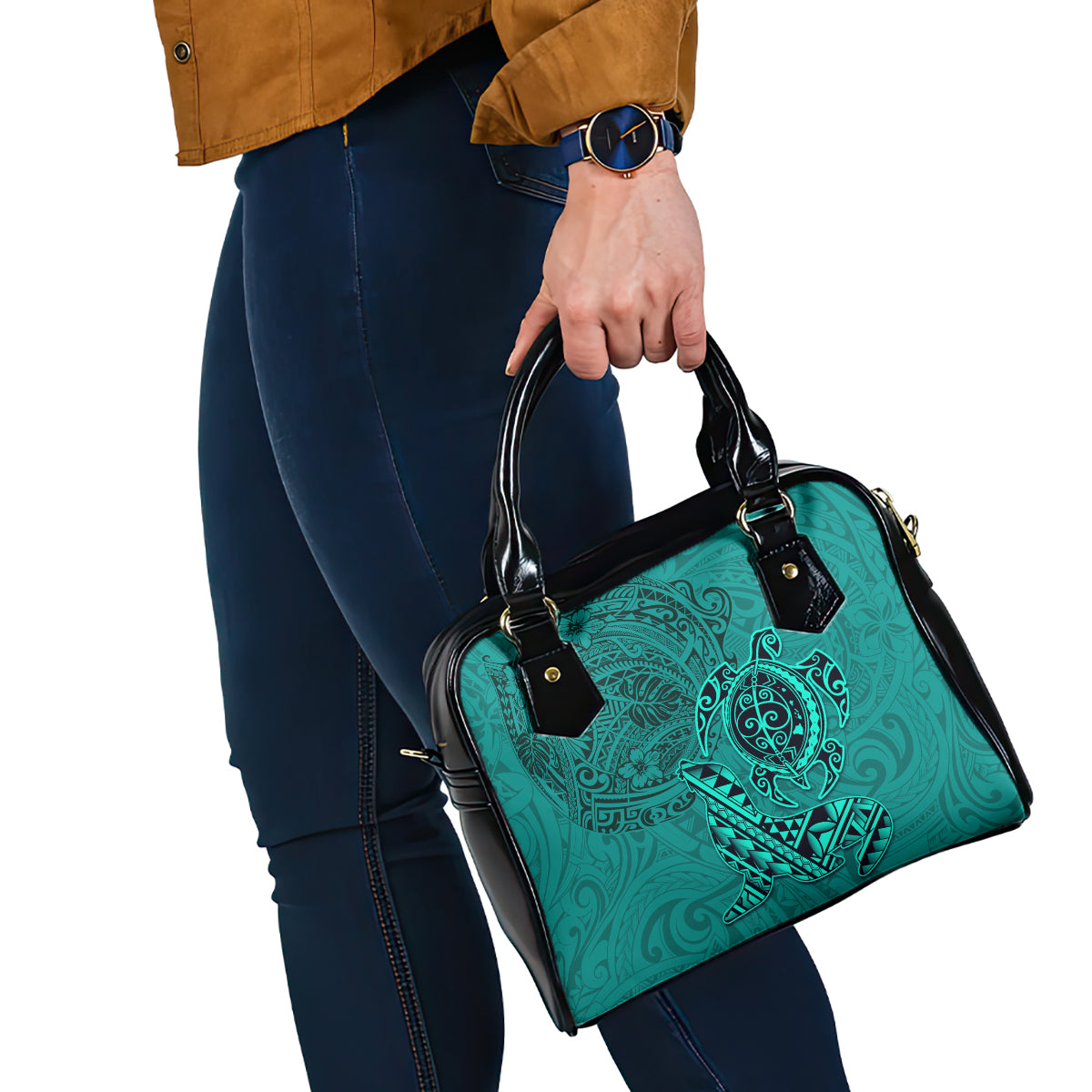 Hawaii Monk Seal and Dolphin Shoulder Handbag Polynesian Kakau Pattern Turquoise