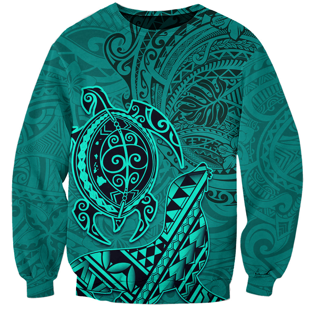 Hawaii Monk Seal and Dolphin Sweatshirt Polynesian Kakau Pattern Turquoise