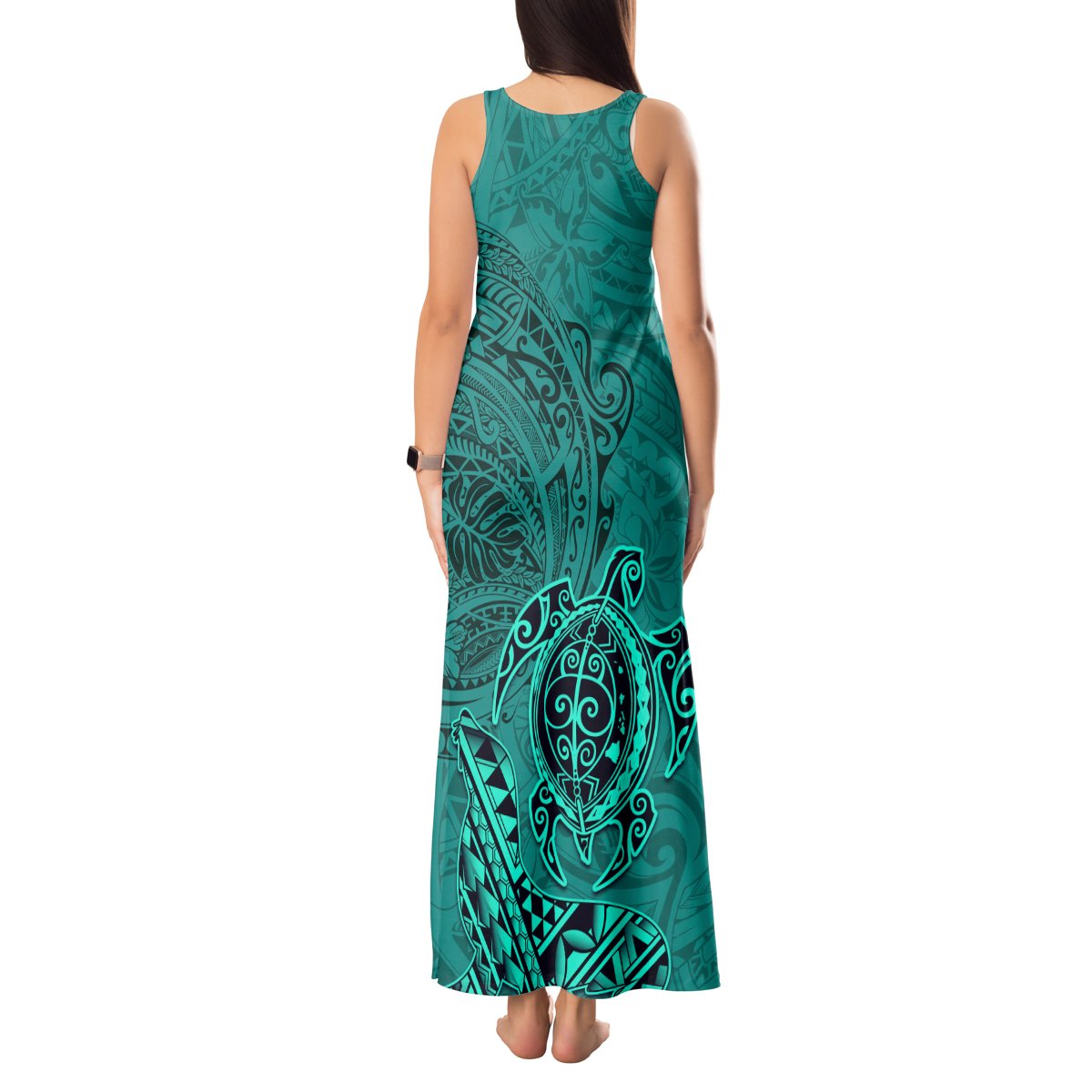 Hawaii Monk Seal and Dolphin Tank Maxi Dress Polynesian Kakau Pattern Turquoise