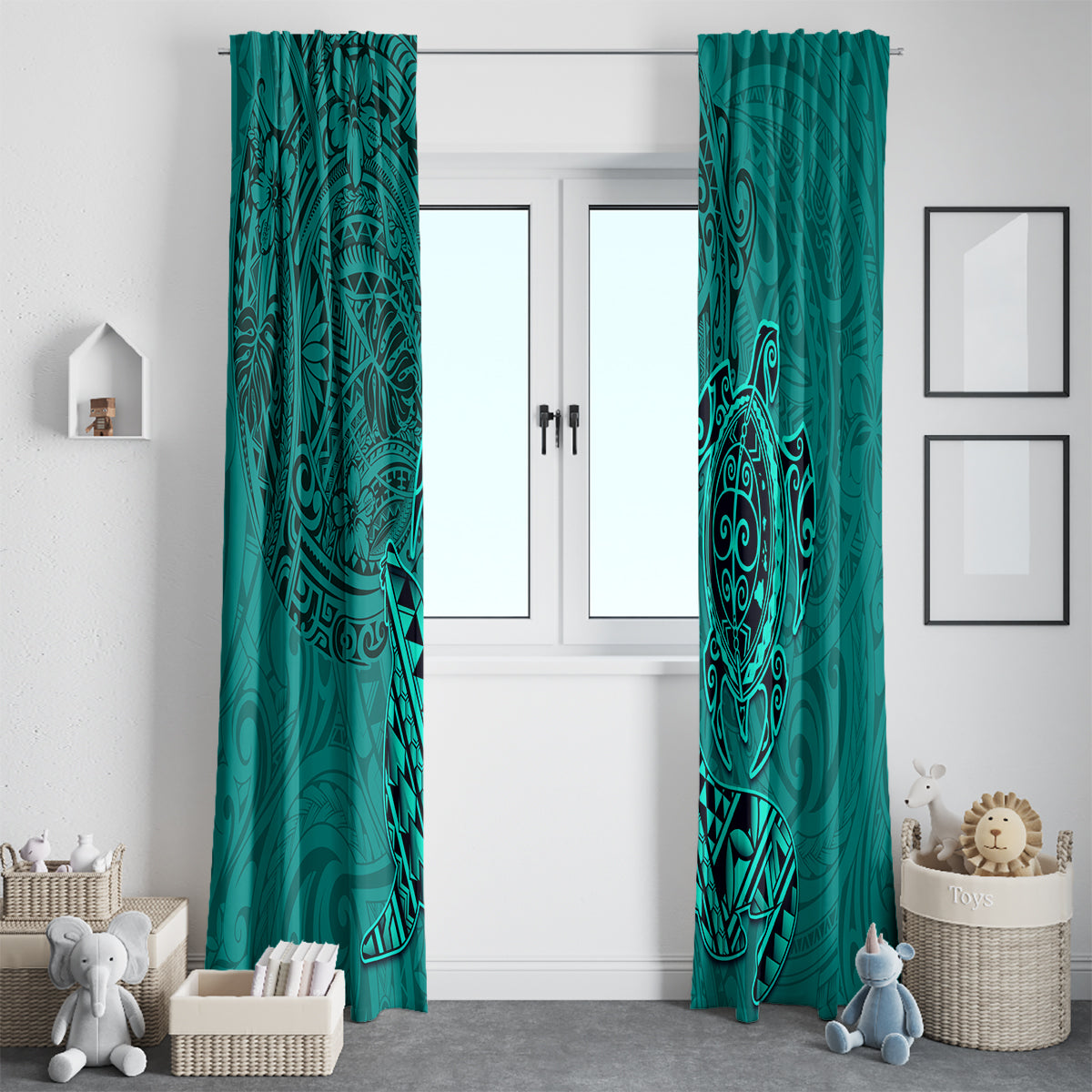 Hawaii Monk Seal and Dolphin Window Curtain Polynesian Kakau Pattern Turquoise