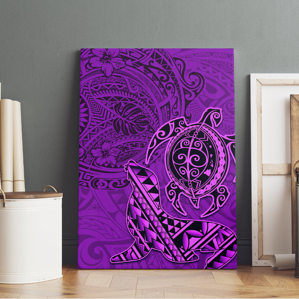 Hawaii Monk Seal and Dolphin Canvas Wall Art Polynesian Kakau Pattern Purple