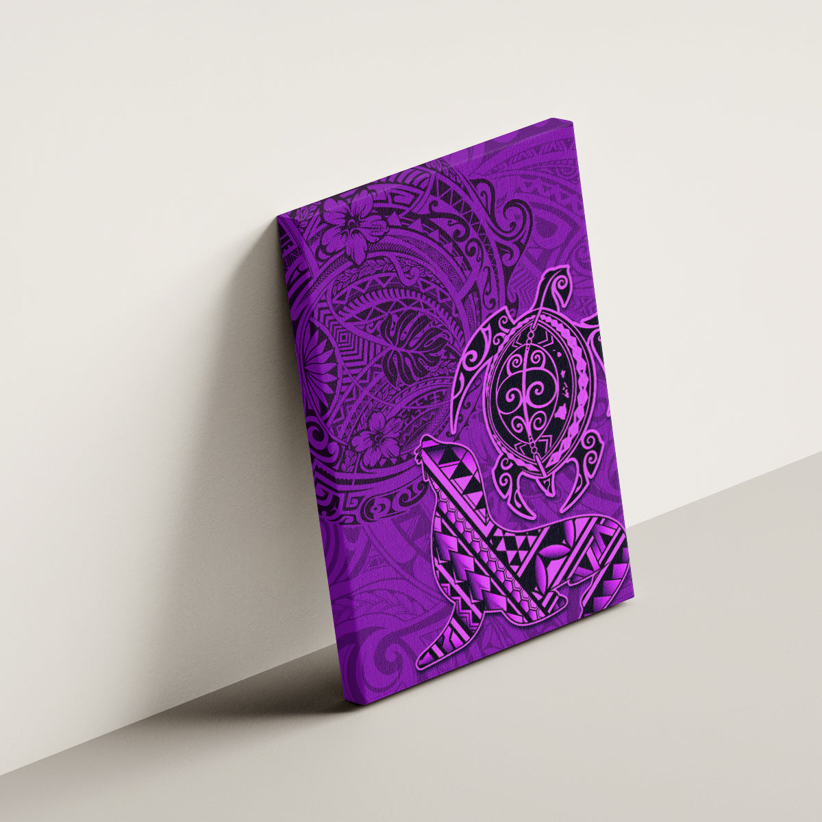 Hawaii Monk Seal and Dolphin Canvas Wall Art Polynesian Kakau Pattern Purple