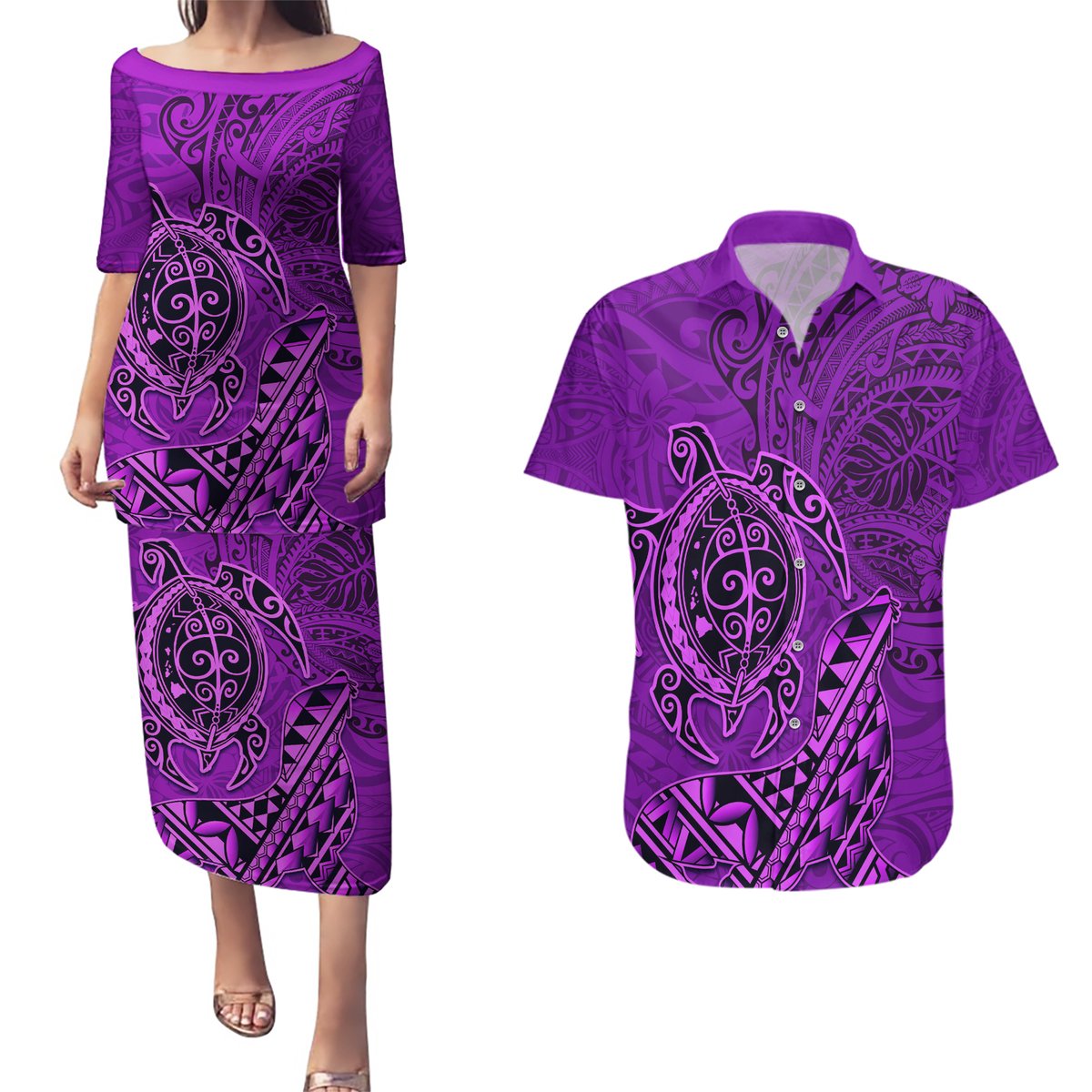 Hawaii Monk Seal and Dolphin Couples Matching Puletasi and Hawaiian Shirt Polynesian Kakau Pattern Purple