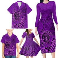 Hawaii Monk Seal and Dolphin Family Matching Long Sleeve Bodycon Dress and Hawaiian Shirt Polynesian Kakau Pattern Purple LT03 - Polynesian Pride