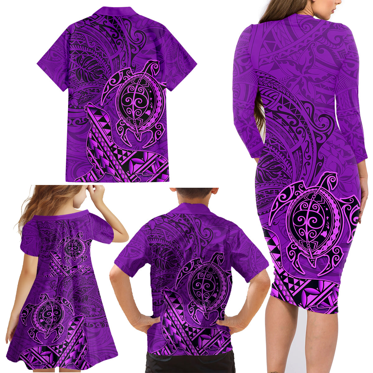 Hawaii Monk Seal and Dolphin Family Matching Long Sleeve Bodycon Dress and Hawaiian Shirt Polynesian Kakau Pattern Purple LT03 - Polynesian Pride