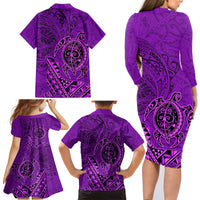 Hawaii Monk Seal and Dolphin Family Matching Long Sleeve Bodycon Dress and Hawaiian Shirt Polynesian Kakau Pattern Purple LT03 - Polynesian Pride