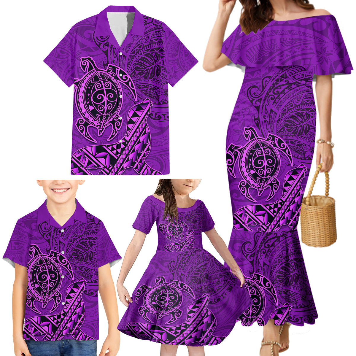 Hawaii Monk Seal and Dolphin Family Matching Mermaid Dress and Hawaiian Shirt Polynesian Kakau Pattern Purple LT03 - Polynesian Pride
