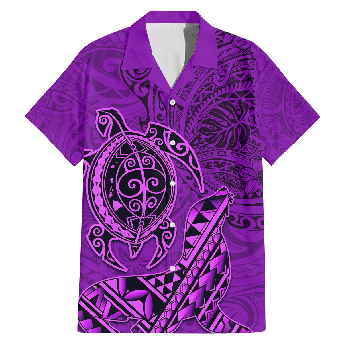 Hawaii Monk Seal and Dolphin Family Matching Mermaid Dress and Hawaiian Shirt Polynesian Kakau Pattern Purple LT03 Dad's Shirt - Short Sleeve Purple - Polynesian Pride
