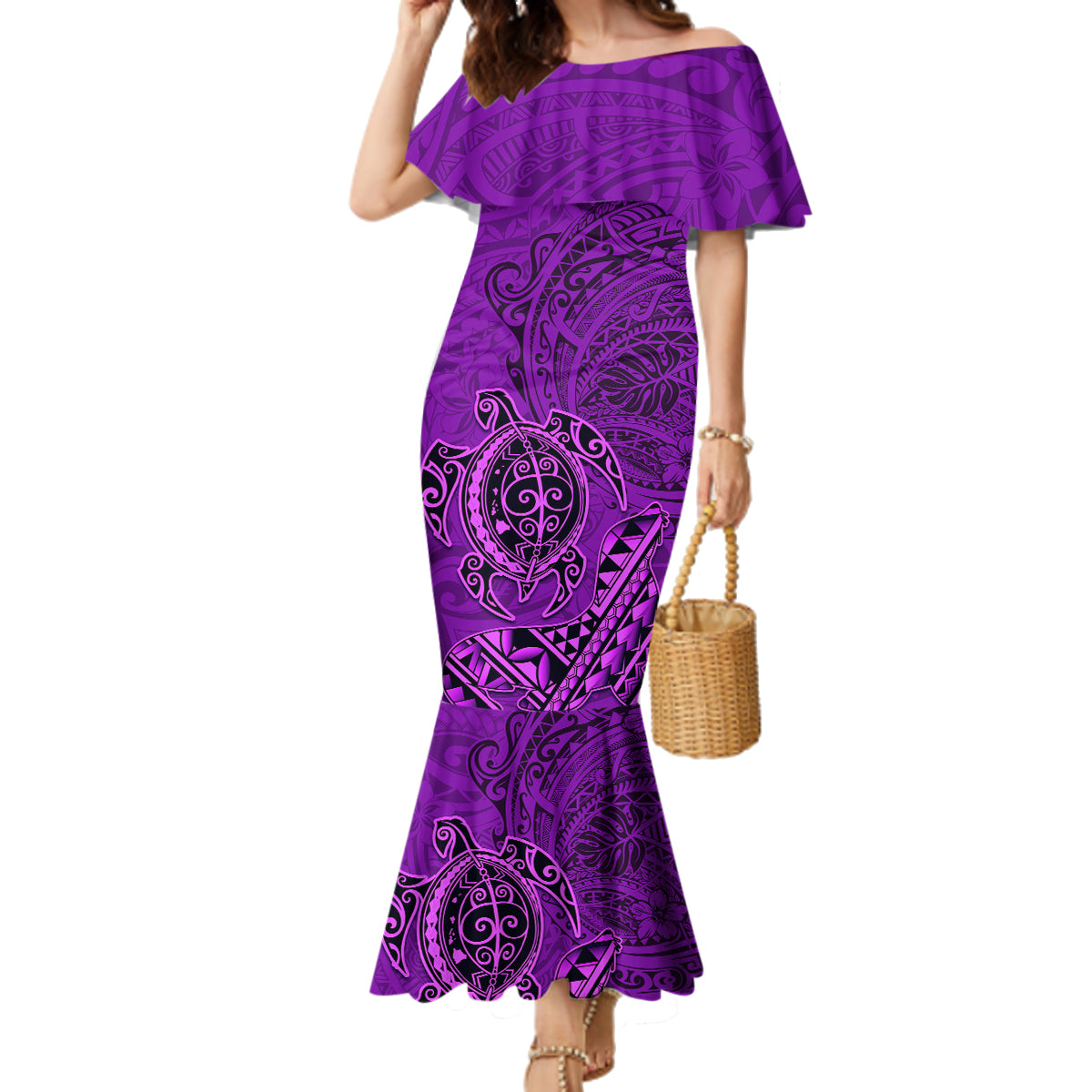 Hawaii Monk Seal and Dolphin Family Matching Mermaid Dress and Hawaiian Shirt Polynesian Kakau Pattern Purple LT03 Mom's Dress Purple - Polynesian Pride