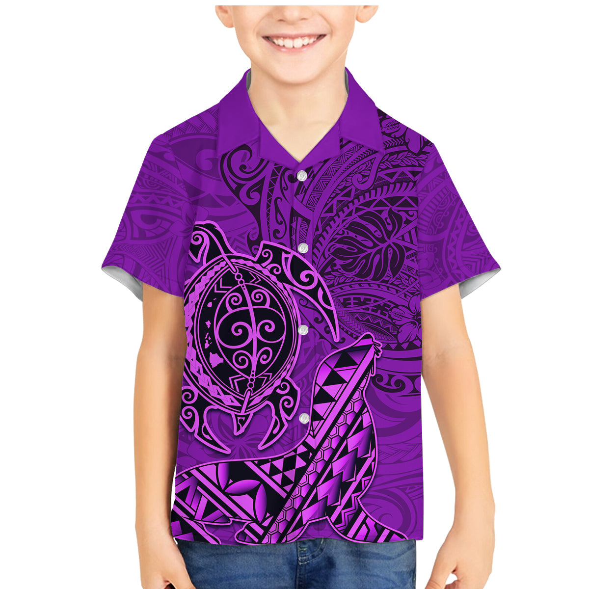 Hawaii Monk Seal and Dolphin Family Matching Mermaid Dress and Hawaiian Shirt Polynesian Kakau Pattern Purple LT03 Son's Shirt Purple - Polynesian Pride
