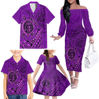 Hawaii Monk Seal and Dolphin Family Matching Off The Shoulder Long Sleeve Dress and Hawaiian Shirt Polynesian Kakau Pattern Purple LT03 - Polynesian Pride
