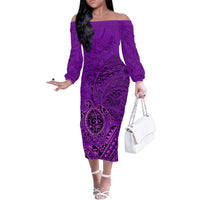 Hawaii Monk Seal and Dolphin Family Matching Off The Shoulder Long Sleeve Dress and Hawaiian Shirt Polynesian Kakau Pattern Purple LT03 Mom's Dress Purple - Polynesian Pride