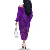 Hawaii Monk Seal and Dolphin Family Matching Off The Shoulder Long Sleeve Dress and Hawaiian Shirt Polynesian Kakau Pattern Purple LT03 - Polynesian Pride