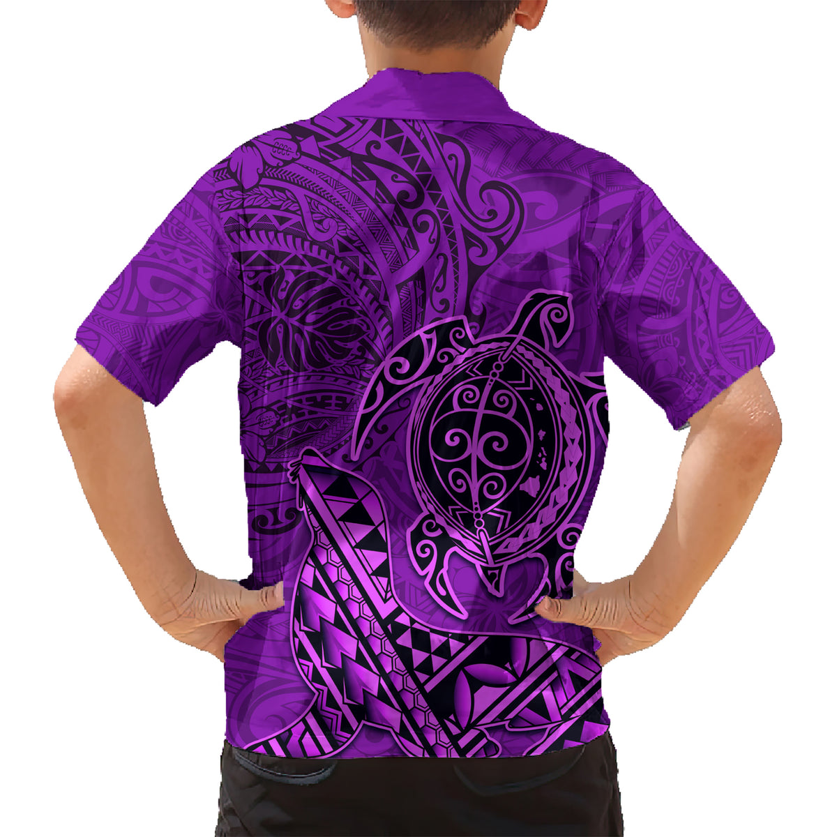 Hawaii Monk Seal and Dolphin Family Matching Short Sleeve Bodycon Dress and Hawaiian Shirt Polynesian Kakau Pattern Purple LT03 - Polynesian Pride
