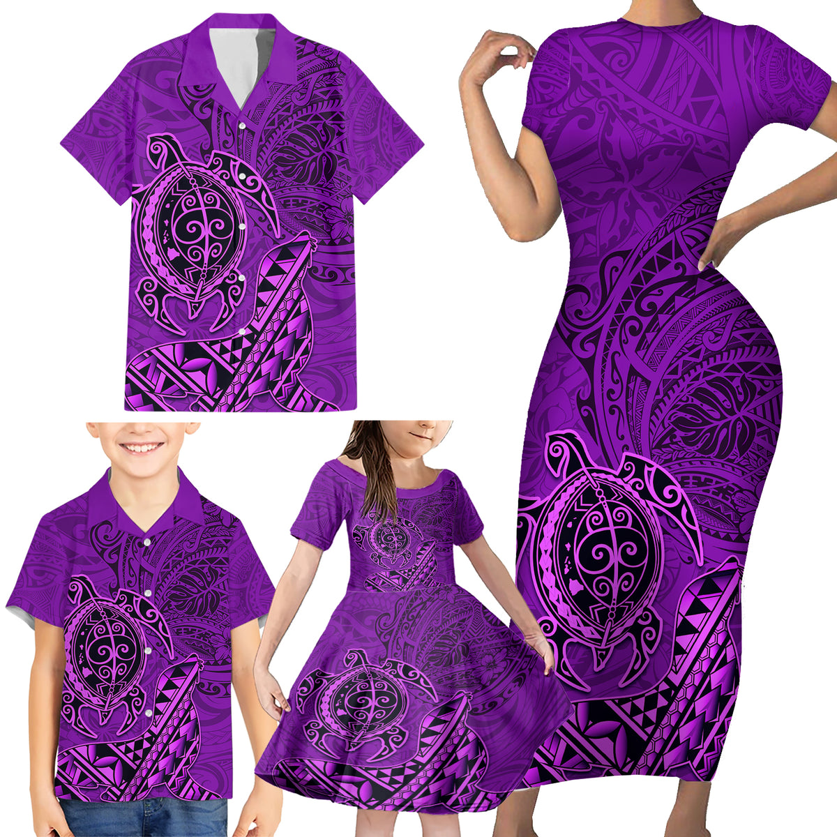 Hawaii Monk Seal and Dolphin Family Matching Short Sleeve Bodycon Dress and Hawaiian Shirt Polynesian Kakau Pattern Purple LT03 - Polynesian Pride