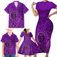 Hawaii Monk Seal and Dolphin Family Matching Short Sleeve Bodycon Dress and Hawaiian Shirt Polynesian Kakau Pattern Purple LT03 - Polynesian Pride