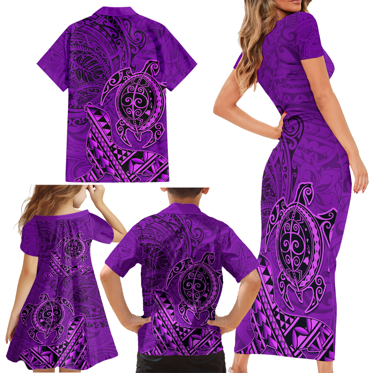 Hawaii Monk Seal and Dolphin Family Matching Short Sleeve Bodycon Dress and Hawaiian Shirt Polynesian Kakau Pattern Purple LT03 - Polynesian Pride