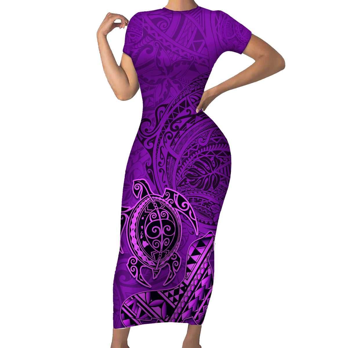 Hawaii Monk Seal and Dolphin Family Matching Short Sleeve Bodycon Dress and Hawaiian Shirt Polynesian Kakau Pattern Purple LT03 Mom's Dress Purple - Polynesian Pride