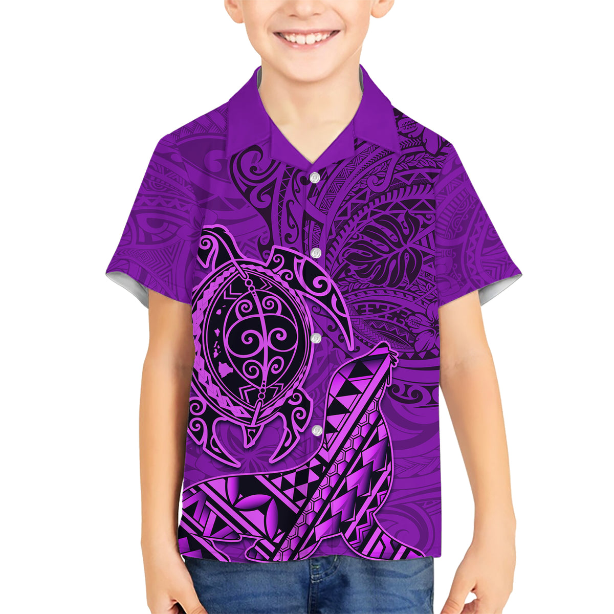 Hawaii Monk Seal and Dolphin Family Matching Short Sleeve Bodycon Dress and Hawaiian Shirt Polynesian Kakau Pattern Purple LT03 Son's Shirt Purple - Polynesian Pride
