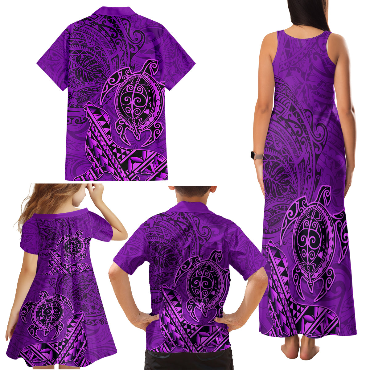 Hawaii Monk Seal and Dolphin Family Matching Tank Maxi Dress and Hawaiian Shirt Polynesian Kakau Pattern Purple LT03 - Polynesian Pride