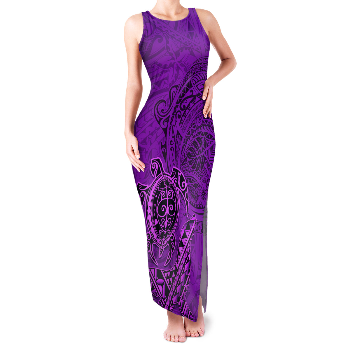 Hawaii Monk Seal and Dolphin Family Matching Tank Maxi Dress and Hawaiian Shirt Polynesian Kakau Pattern Purple LT03 Mom's Dress Purple - Polynesian Pride