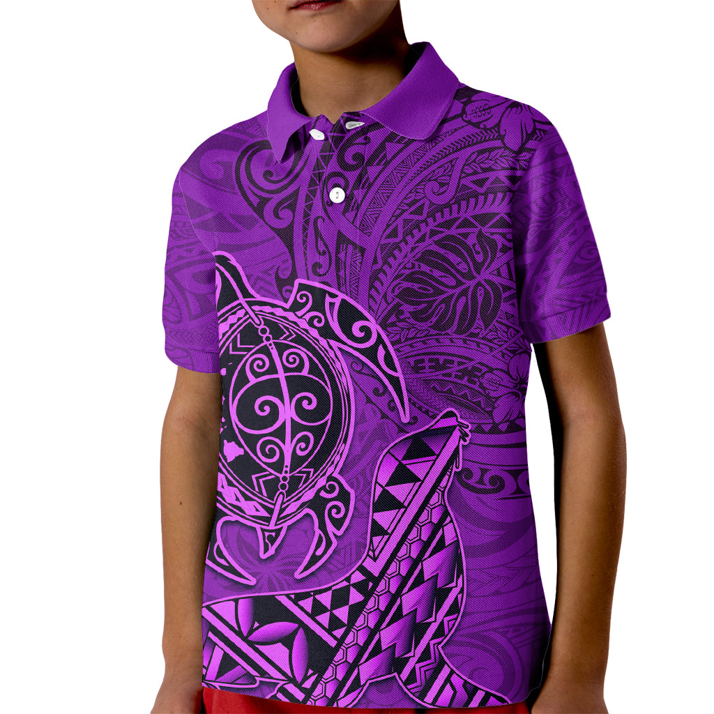 Hawaii Monk Seal and Dolphin Kid Polo Shirt Polynesian Kakau Pattern Purple