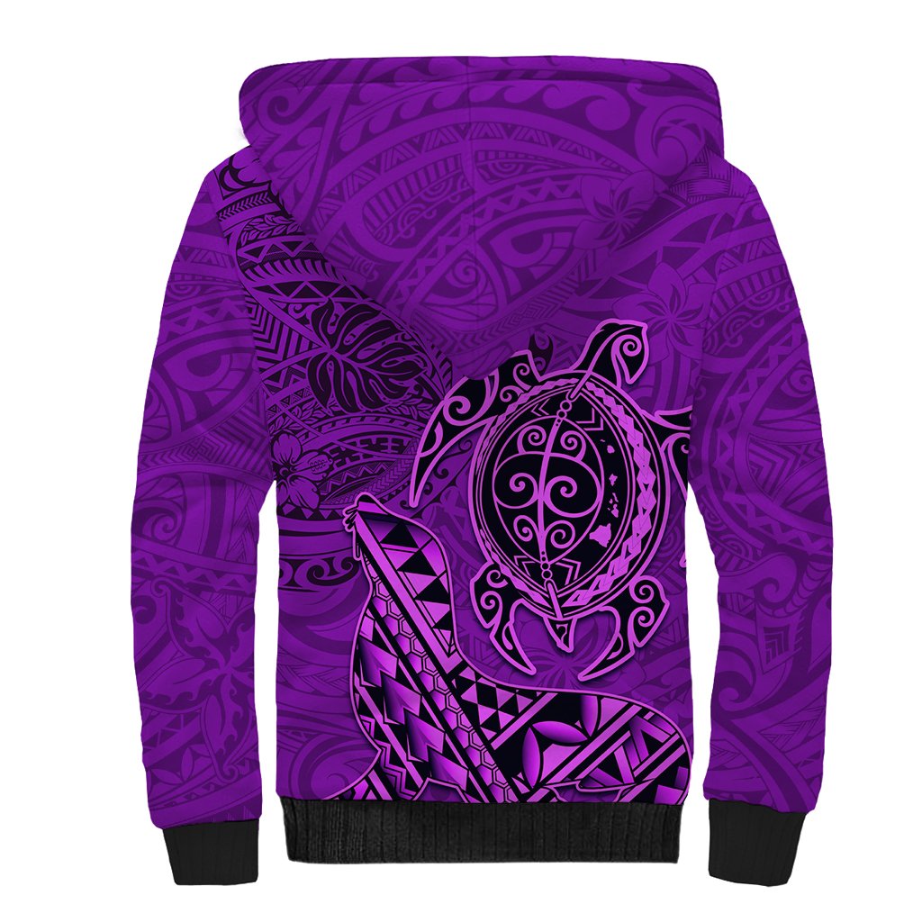 Hawaii Monk Seal and Dolphin Sherpa Hoodie Polynesian Kakau Pattern Purple