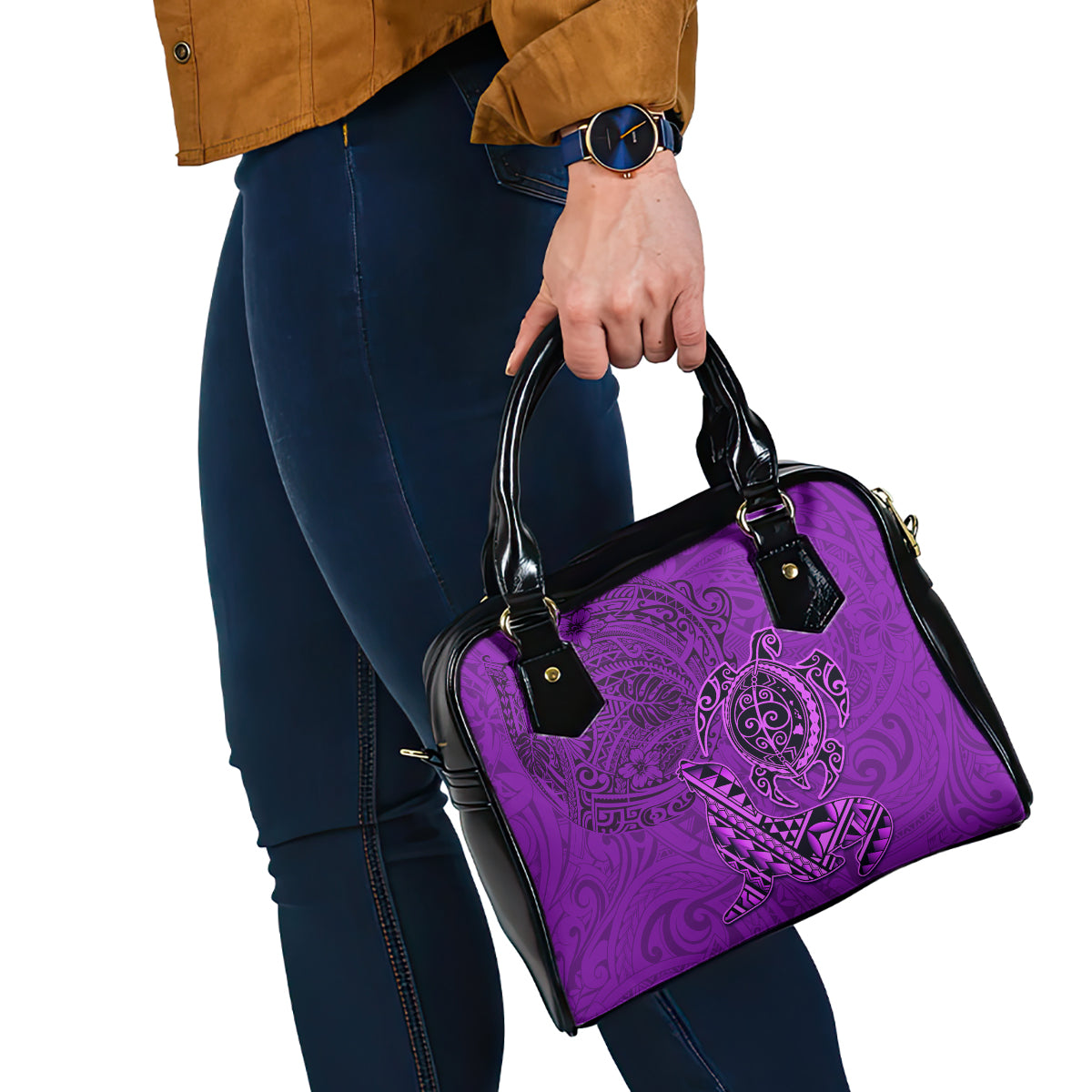 Hawaii Monk Seal and Dolphin Shoulder Handbag Polynesian Kakau Pattern Purple