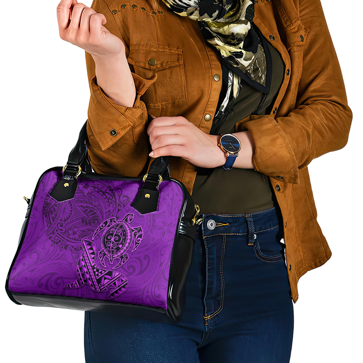 Hawaii Monk Seal and Dolphin Shoulder Handbag Polynesian Kakau Pattern Purple