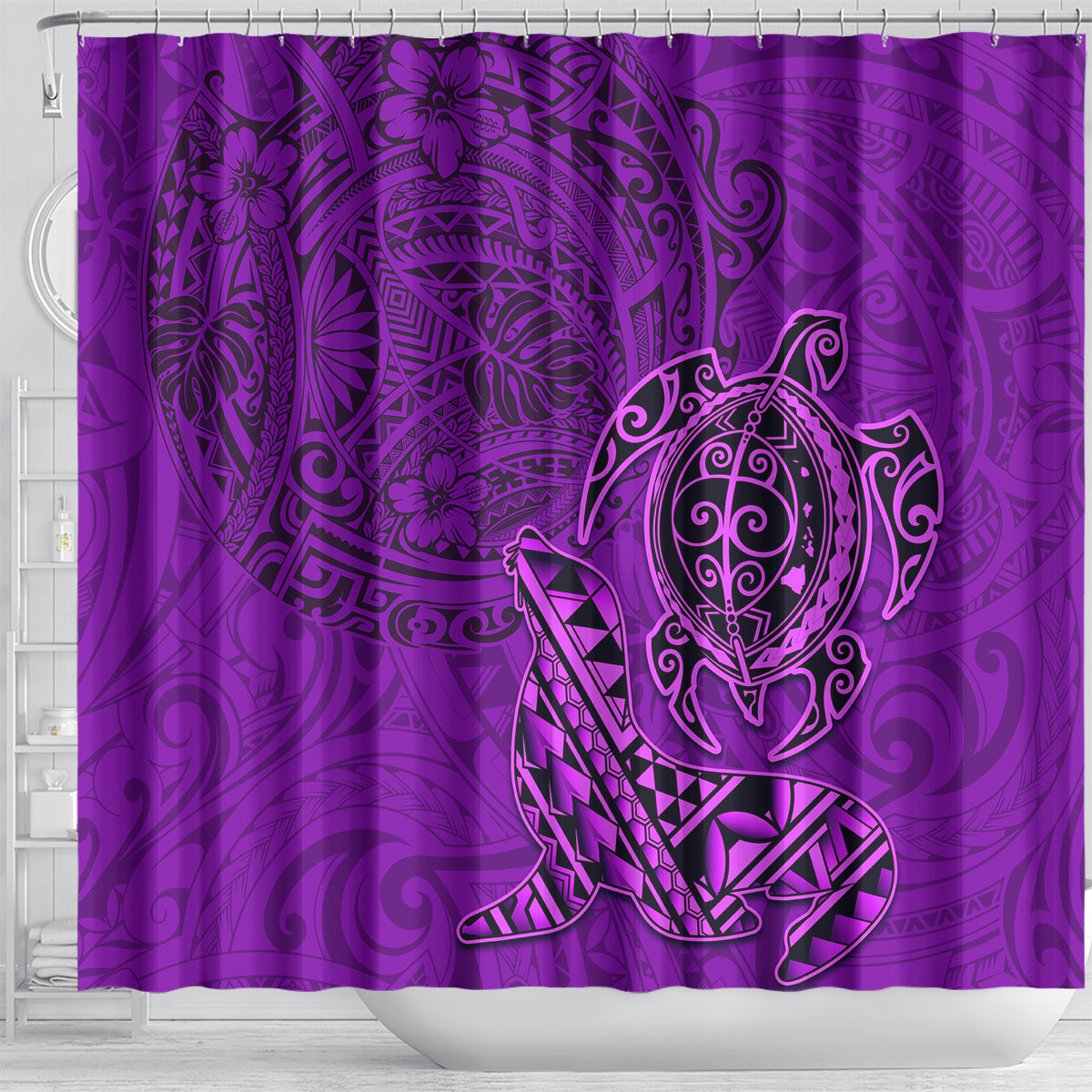 Hawaii Monk Seal and Dolphin Shower Curtain Polynesian Kakau Pattern Purple
